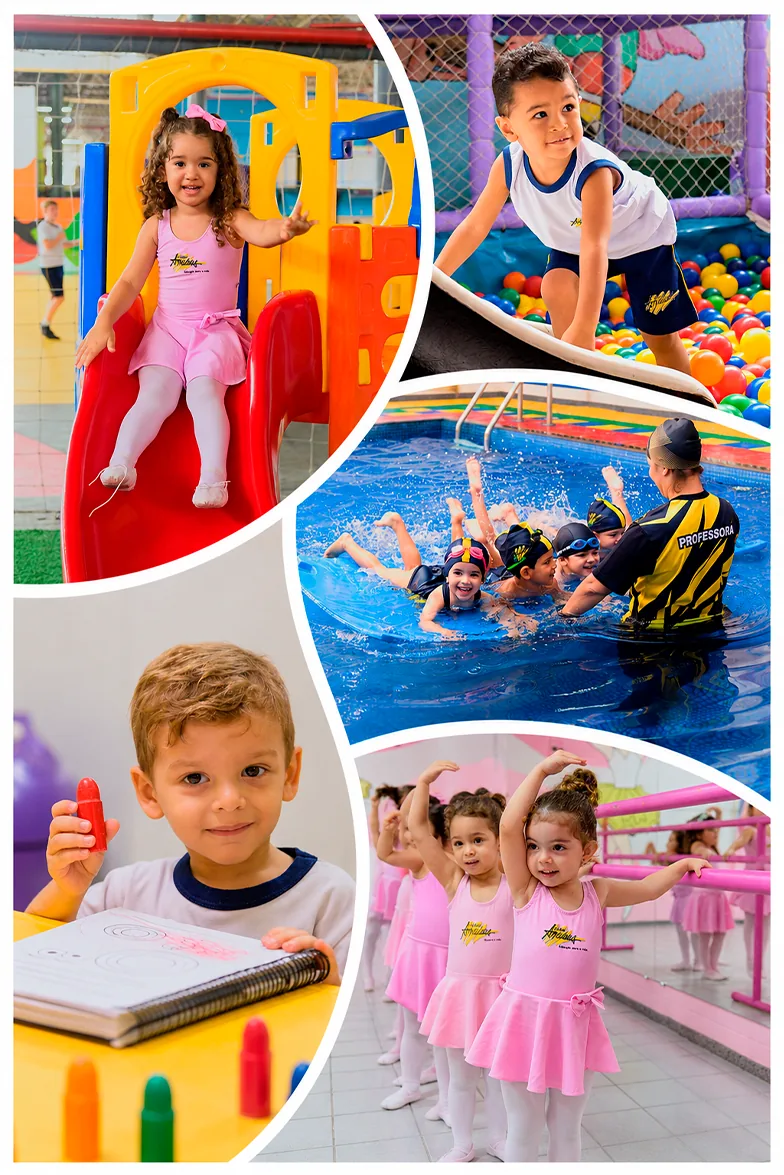 Colagem de fotos de crianças brincando no playground, na natação, desenhando e no ballet