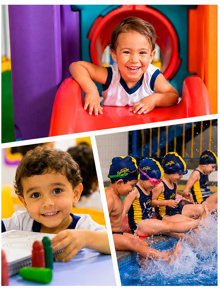 Colagem de fotos de crianças do Amadeus brincando no parque e na natação