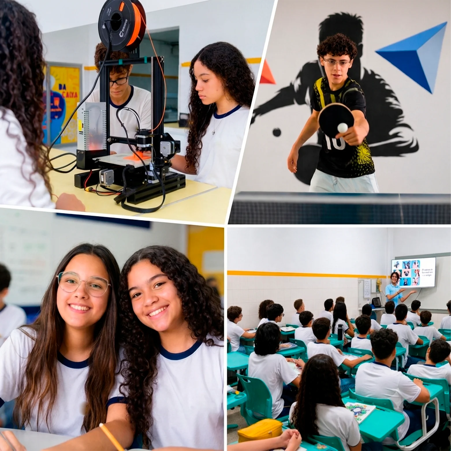 Alunos do Amadeus em atividades de impressão 3D, tênis de mesa, convivência e sala de aula