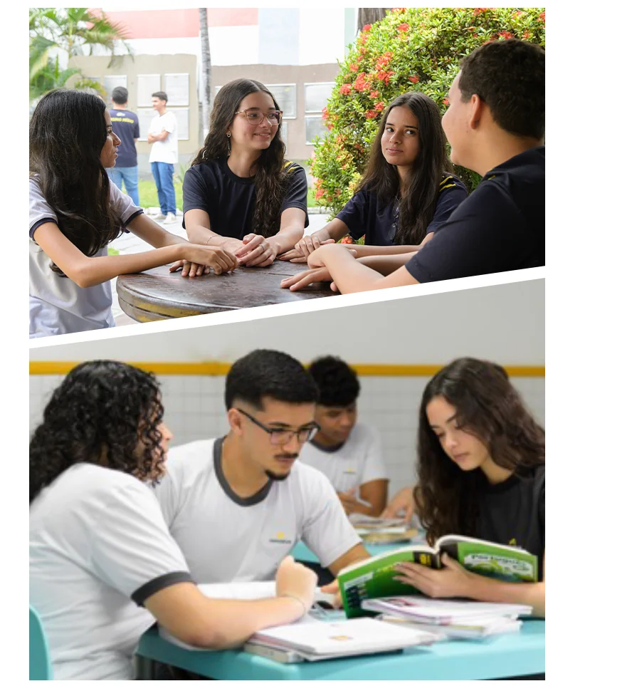 Alunos do Colégio Amadeus conversando no pátio e estudando em sala de aula