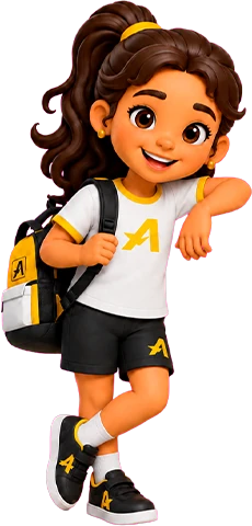 Mascote aluna Amadeus sorrindo, de mochila