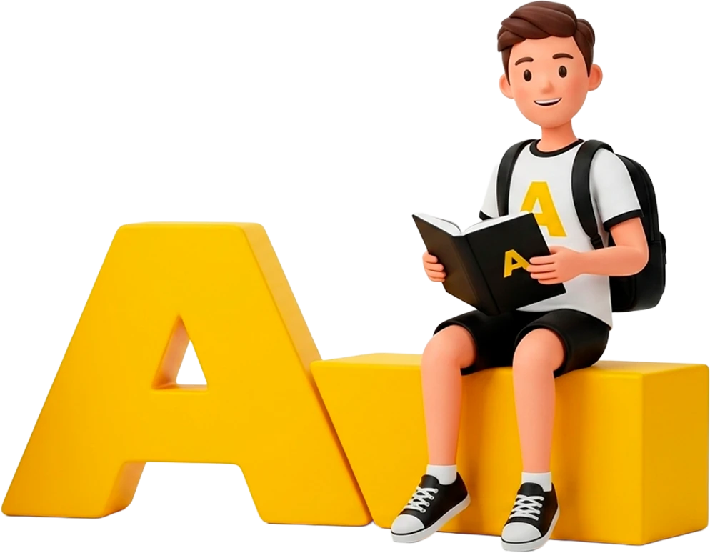 Mascote aluno Amadeus sentado lendo um livro ao lado do símbolo A