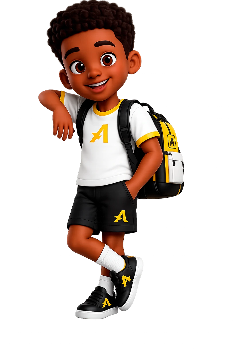 Mascote aluno Amadeus de mochila apoiado, sorrindo