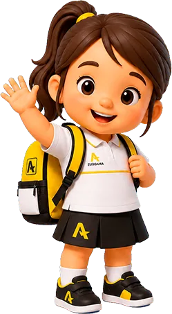 Mascote do Colégio Amadeus, uma menina sorridente acenando, com mochila nas costas